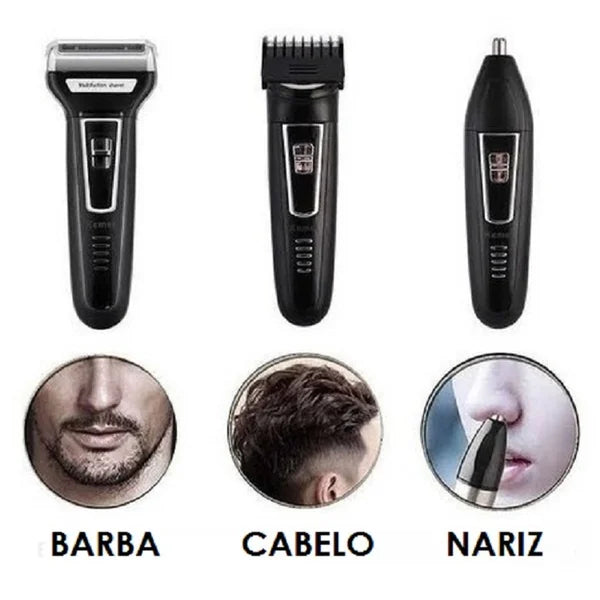 Maquina De Barbear Aparador e Depilador de Pelos Elétrico 3 Em 1 Nariz Ouvido e Barba Km-6558