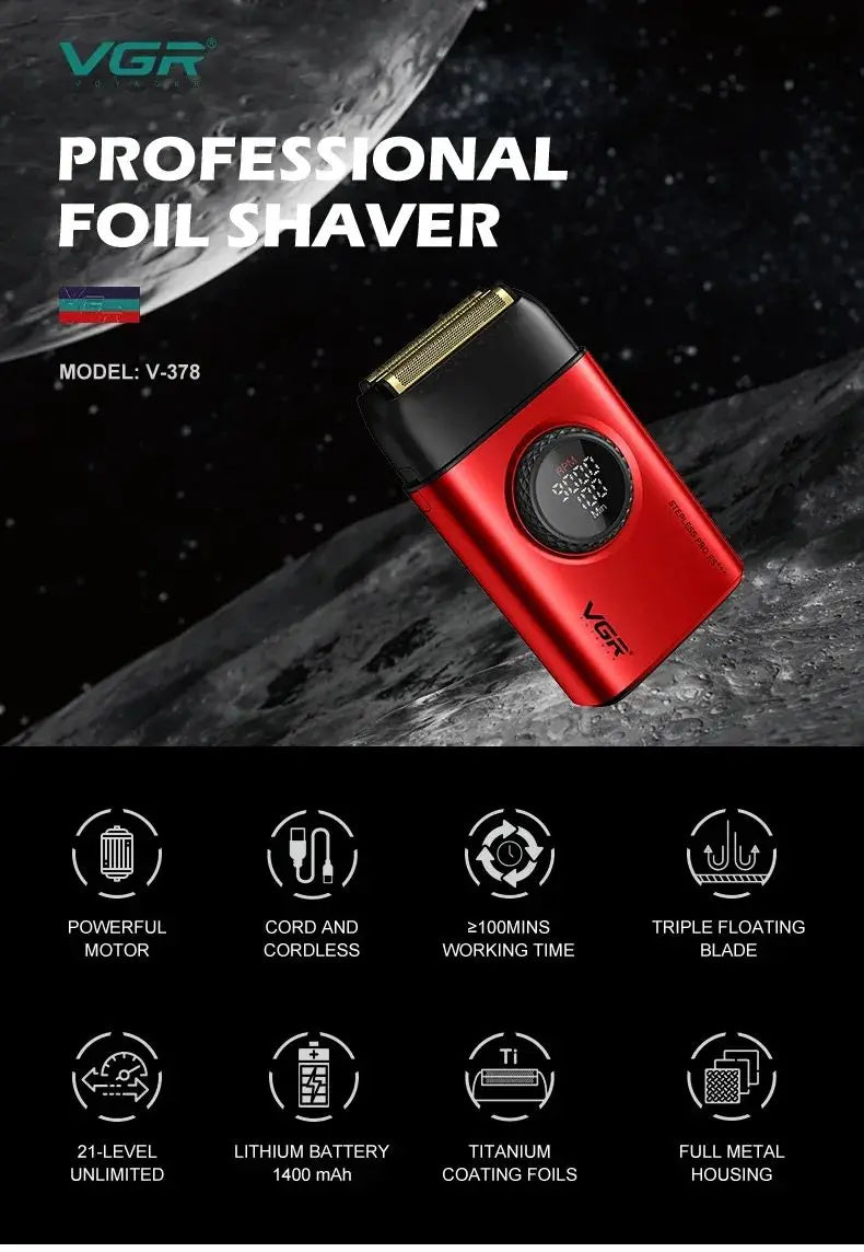VGR Shaver Professional Beard Trimmer 9000 RPM Electric Razor Rechargeable Shaving Machine LED Lights Metal Shaver for Men V-378