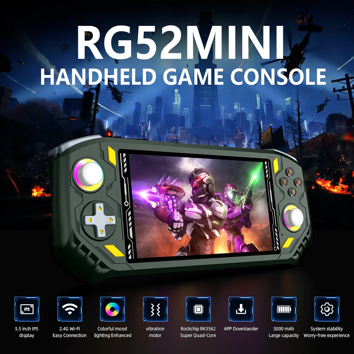 RG52 Mini Retro Handheld Game Console 5.5 Inch IPS Screen EmuELEC&RGBOX Dual System 22000+ Games WIFI Playing Potable Video Game