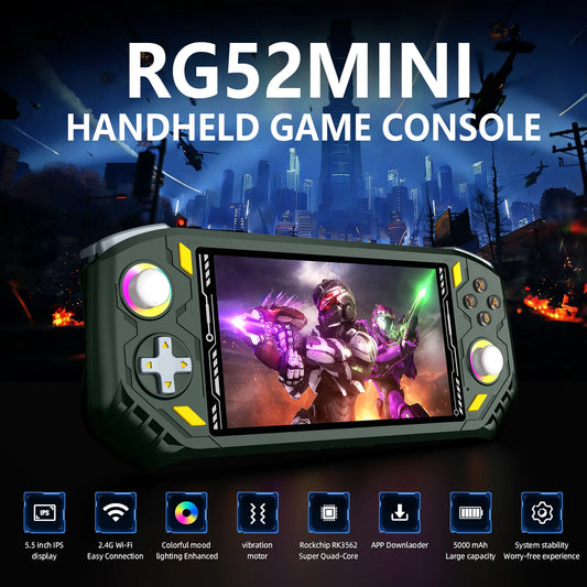 RG52 Mini Retro Handheld Game Console 5.5 Inch IPS Screen EmuELEC&RGBOX Dual System 22000+ Games WIFI Playing Potable Video Game