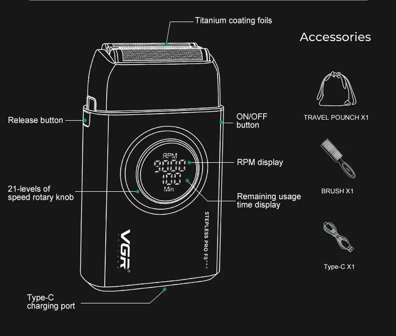 VGR Shaver Professional Beard Trimmer 9000 RPM Electric Razor Rechargeable Shaving Machine LED Lights Metal Shaver for Men V-378